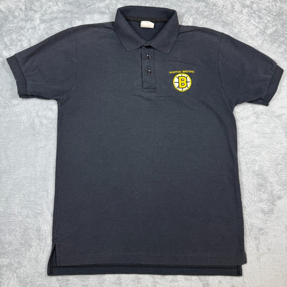 Vintage Boston Bruins Polo Shirt Men M Black Faded Embroidered Hockey NHL